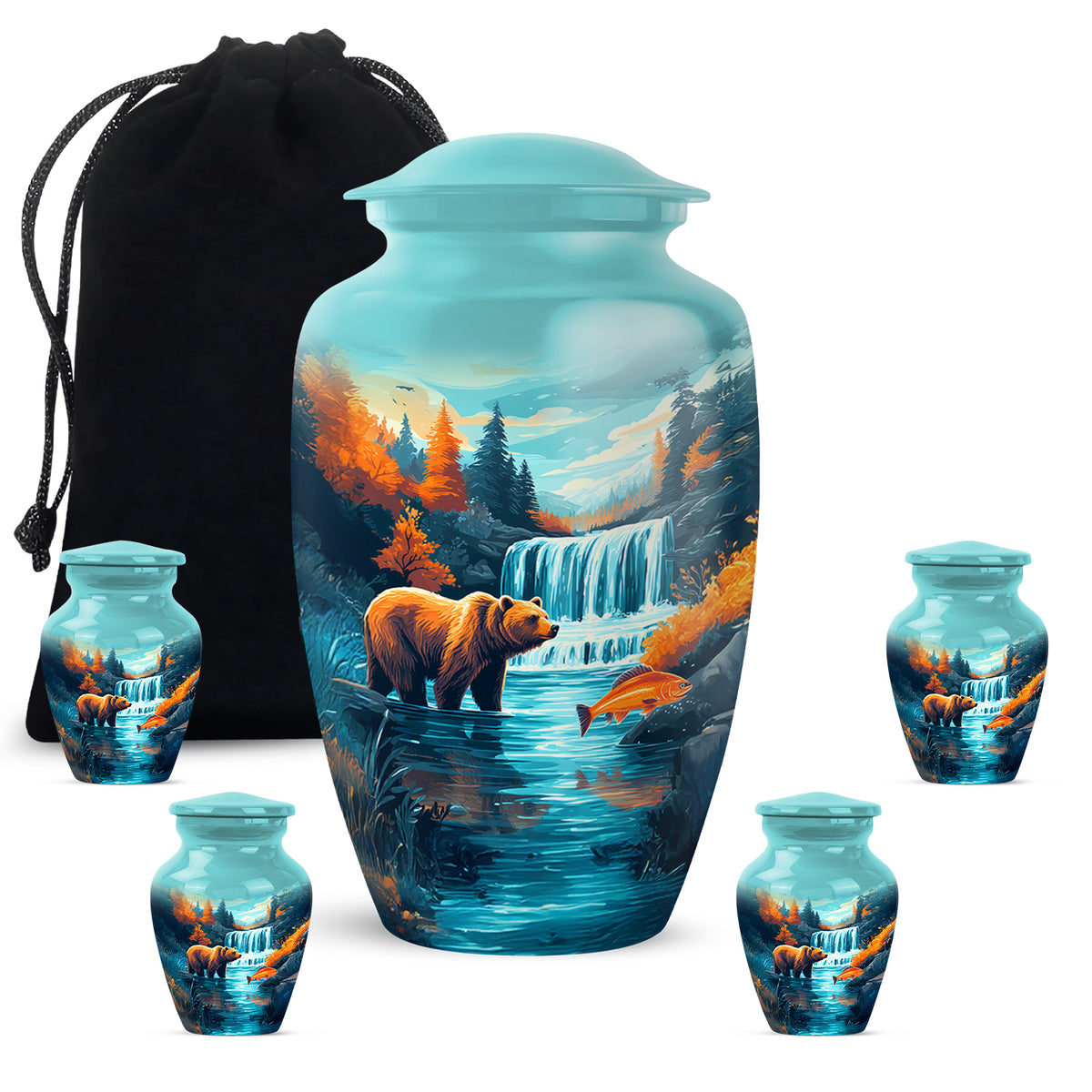 Aqua Teal Bear Cremation Urn top-down view of secure threaded lid - elegant classic bear relief with fine detailing - memorial set with one large and four small urns