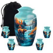 Aqua Teal Bear Cremation Urn top-down view of secure threaded lid - elegant classic bear relief with fine detailing - memorial set with one large and four small urns