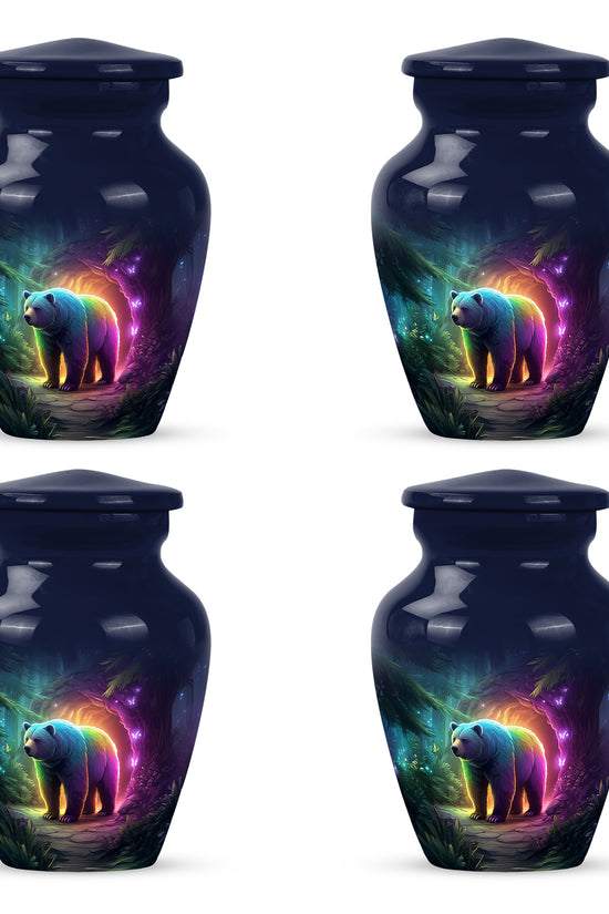 Indigo Bear Cremation Urn side profile showing urn shape - classic sculpted bear pattern on smooth aluminum - 10 inch aluminum urn for cremated remains