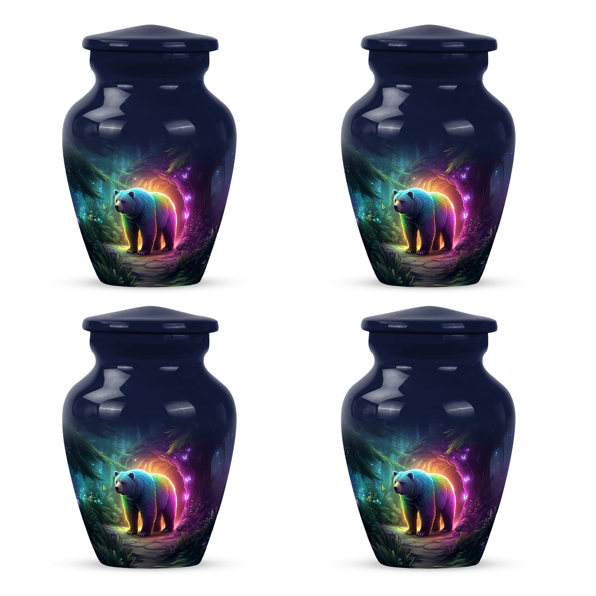 Indigo Bear Cremation Urn side profile showing urn shape - classic sculpted bear pattern on smooth aluminum - 10 inch aluminum urn for cremated remains
