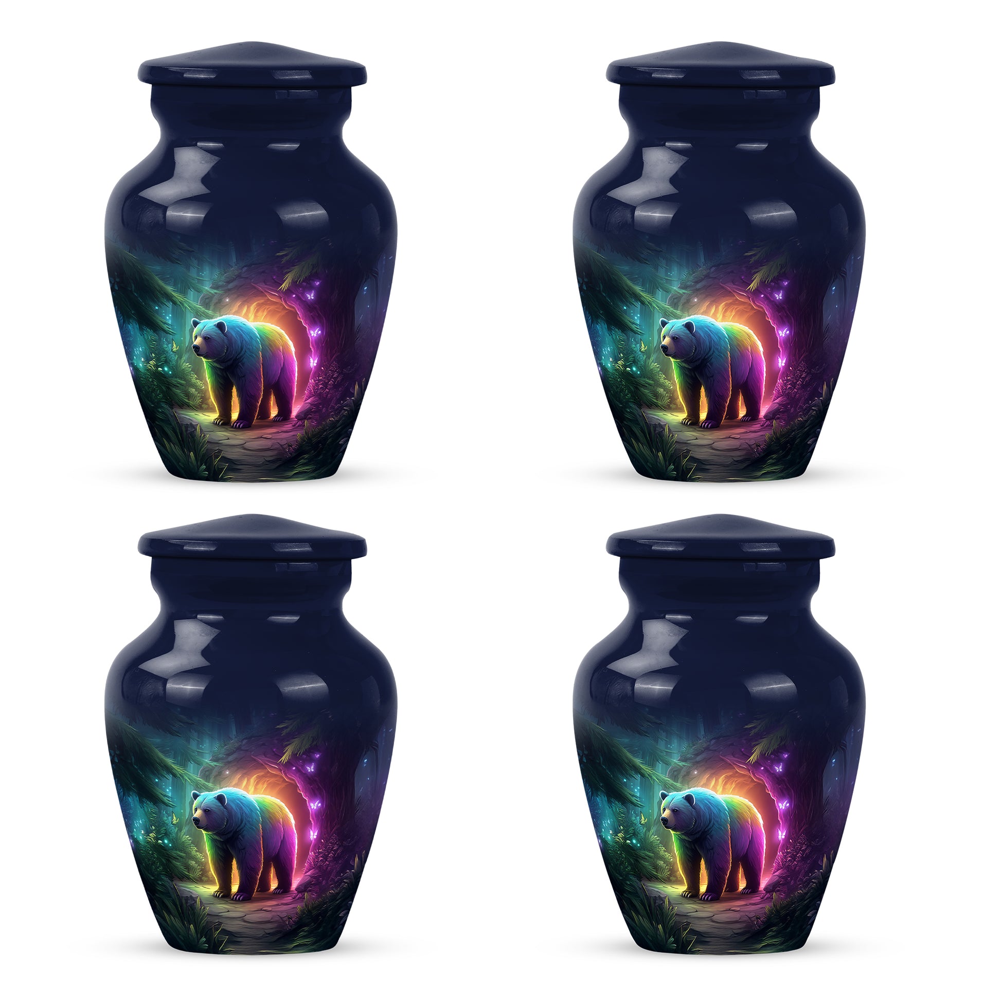 Indigo Bear Cremation Urn side profile showing urn shape - classic sculpted bear pattern on smooth aluminum - 10 inch aluminum urn for cremated remains