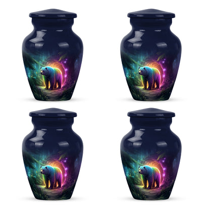 Indigo Bear Cremation Urn side profile showing urn shape - classic sculpted bear pattern on smooth aluminum - 10 inch aluminum urn for cremated remains
