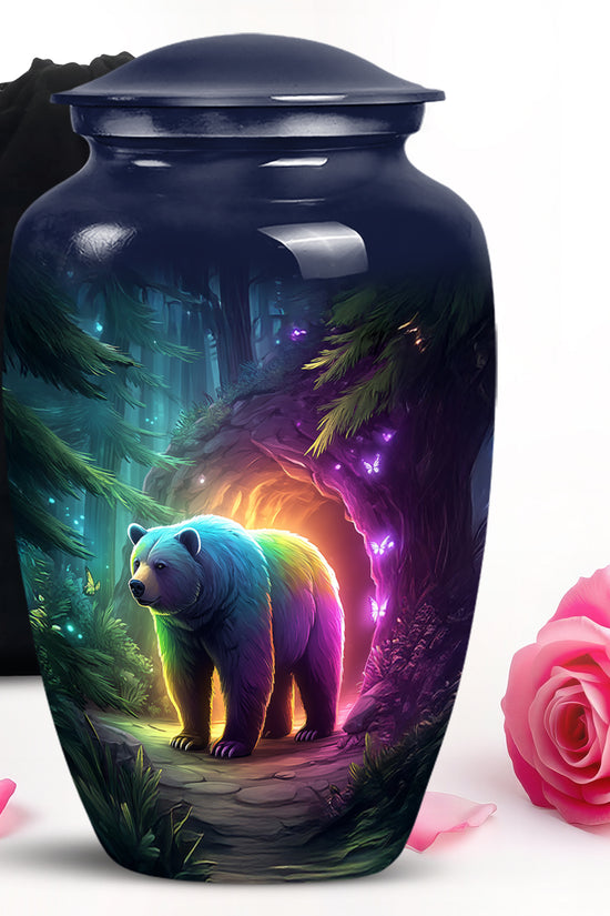 Sapphire Blue Bear Cremation Urn angled view of lid and engraved motif - elegant classic bear relief with fine detailing - full-size 10 inch 200 cubic inch adult cremation urn