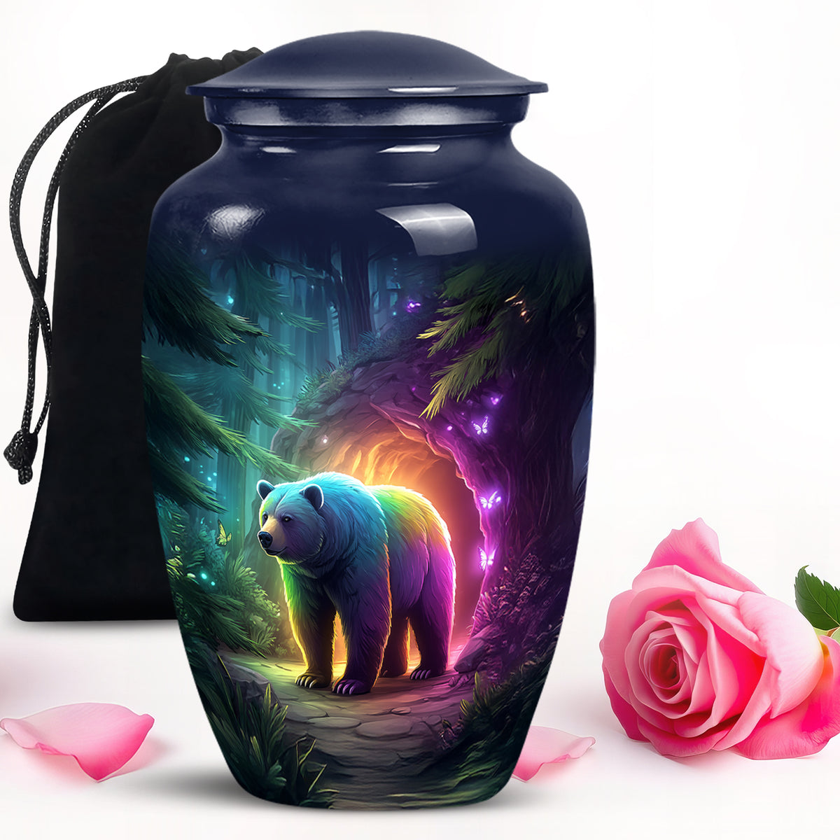 Sapphire Blue Bear Cremation Urn angled view of lid and engraved motif - elegant classic bear relief with fine detailing - full-size 10 inch 200 cubic inch adult cremation urn