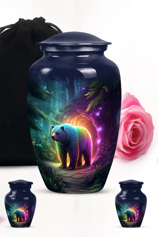 Slate Blue Bear Cremation Urn top-down view of secure threaded lid - classic sculpted bear pattern on smooth aluminum - memorial set with one large and four small urns