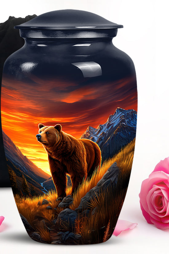 Indigo Bear Cremation Urn angled view of lid and engraved motif - timeless bear motif etched into premium metal - full-size 10 inch 200 cubic inch adult cremation urn
