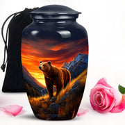 Indigo Bear Cremation Urn angled view of lid and engraved motif - timeless bear motif etched into premium metal - full-size 10 inch 200 cubic inch adult cremation urn