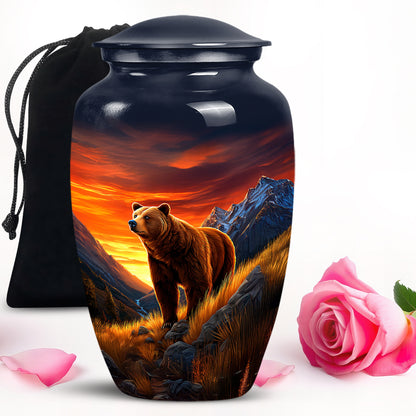 Indigo Bear Cremation Urn angled view of lid and engraved motif - timeless bear motif etched into premium metal - full-size 10 inch 200 cubic inch adult cremation urn