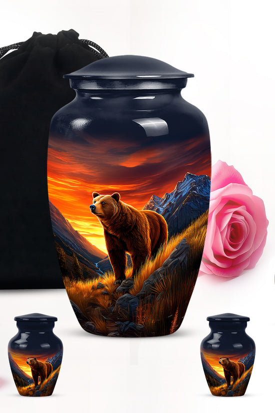 Sapphire Blue Bear Cremation Urn top-down view of secure threaded lid - elegant classic bear relief with fine detailing - memorial set with one large and four small urns