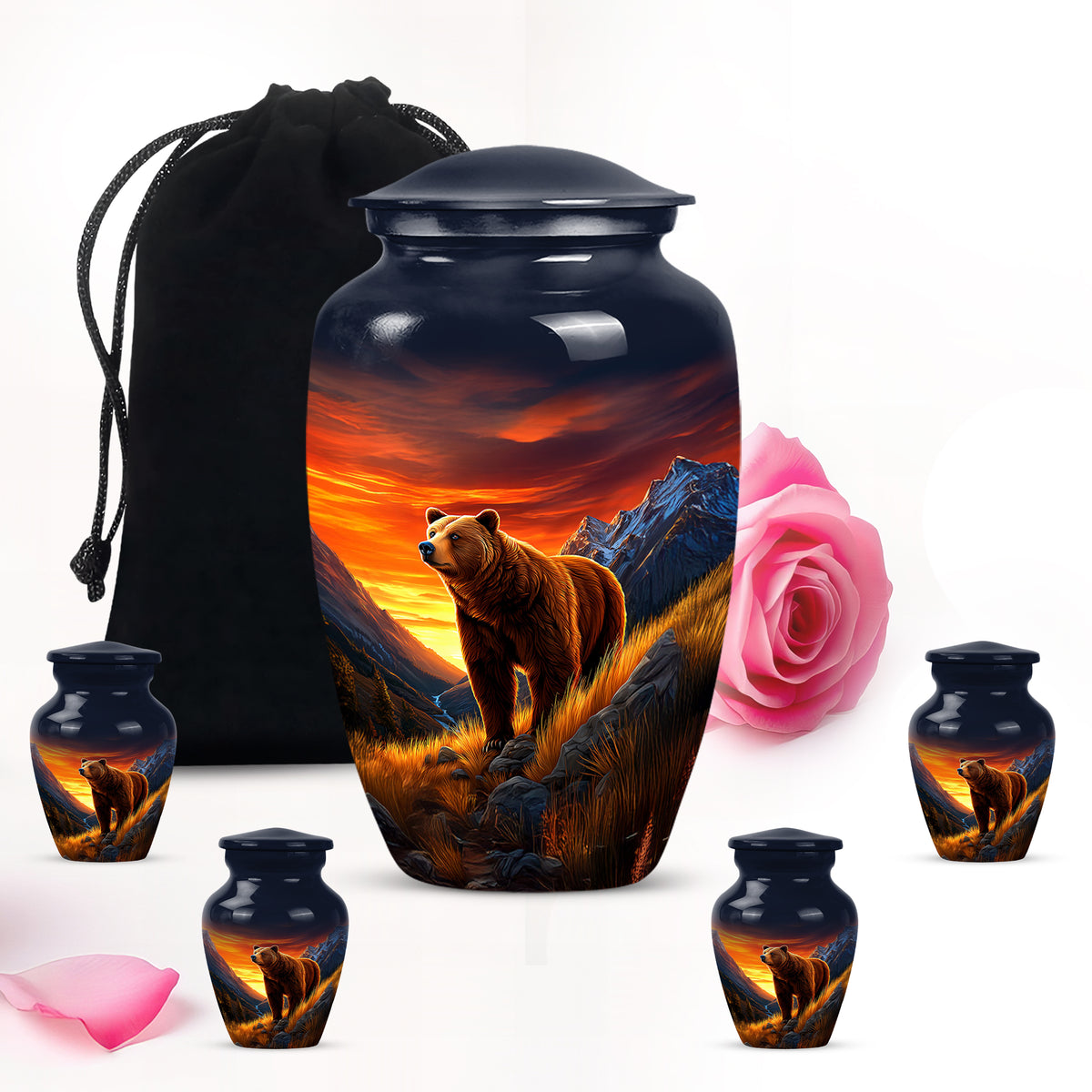 Sapphire Blue Bear Cremation Urn top-down view of secure threaded lid - elegant classic bear relief with fine detailing - memorial set with one large and four small urns