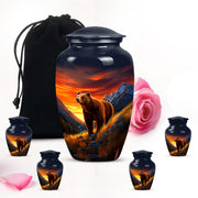 Sapphire Blue Bear Cremation Urn top-down view of secure threaded lid - elegant classic bear relief with fine detailing - memorial set with one large and four small urns