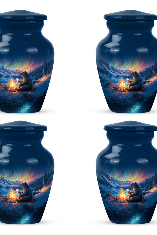 Navy Blue Bear Cremation Urn side profile showing urn shape - classic sculpted bear pattern on smooth aluminum - 10 inch aluminum urn for cremated remains
