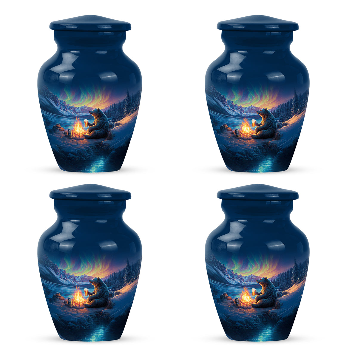 Navy Blue Bear Cremation Urn side profile showing urn shape - classic sculpted bear pattern on smooth aluminum - 10 inch aluminum urn for cremated remains