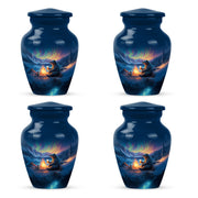 Navy Blue Bear Cremation Urn side profile showing urn shape - classic sculpted bear pattern on smooth aluminum - 10 inch aluminum urn for cremated remains