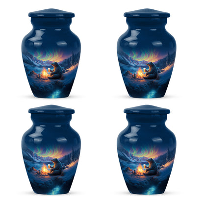 Navy Blue Bear Cremation Urn side profile showing urn shape - classic sculpted bear pattern on smooth aluminum - 10 inch aluminum urn for cremated remains