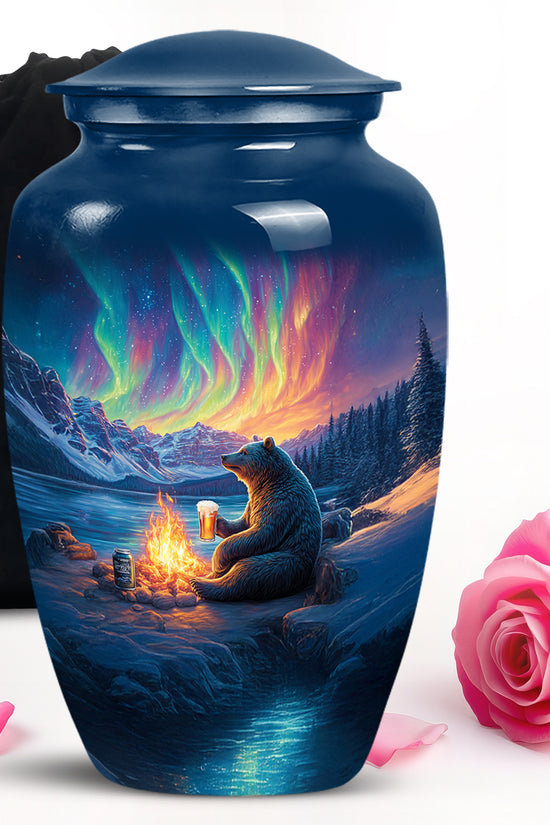 Serene Blue Bear Cremation Urn angled view of lid and engraved motif - elegant classic bear relief with fine detailing - full-size 10 inch 200 cubic inch adult cremation urn