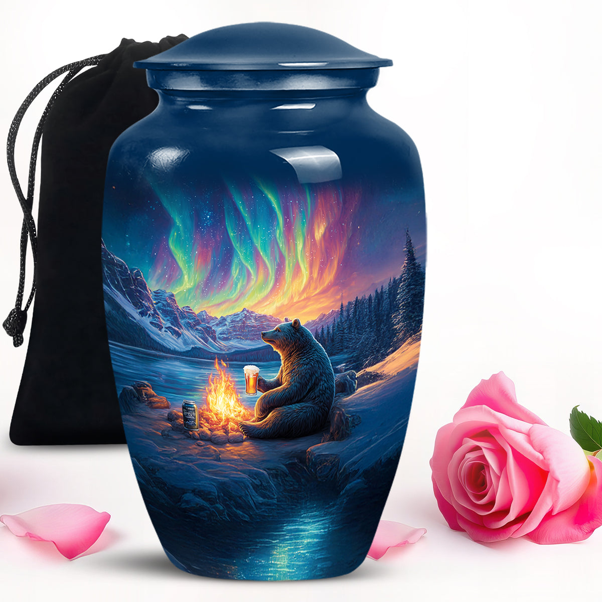 Serene Blue Bear Cremation Urn angled view of lid and engraved motif - elegant classic bear relief with fine detailing - full-size 10 inch 200 cubic inch adult cremation urn