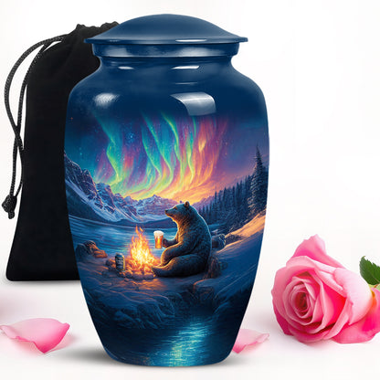 Serene Blue Bear Cremation Urn angled view of lid and engraved motif - elegant classic bear relief with fine detailing - full-size 10 inch 200 cubic inch adult cremation urn