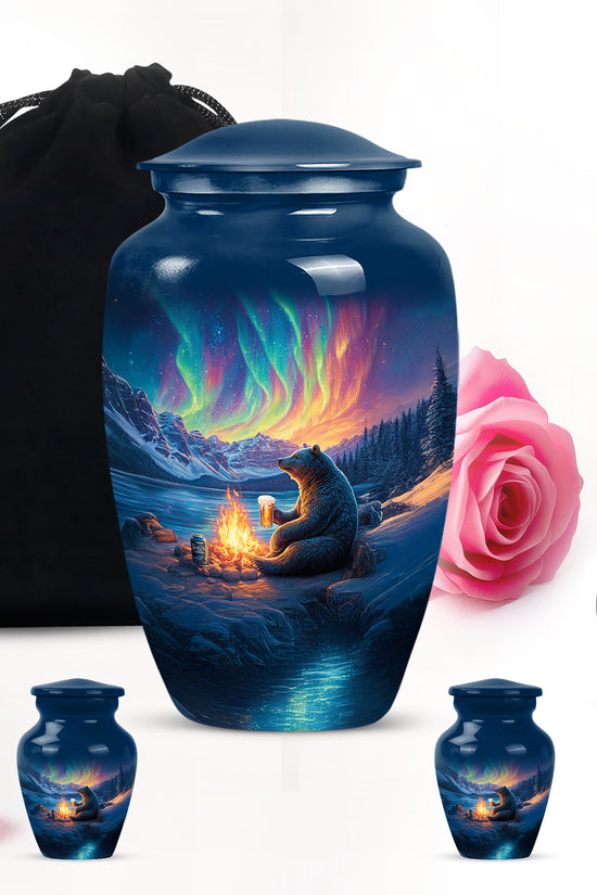Pastel Blue Bear Cremation Urn top-down view of secure threaded lid - classic sculpted bear pattern on smooth aluminum - memorial set with one large and four small urns