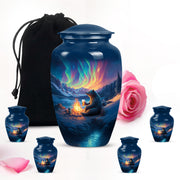 Pastel Blue Bear Cremation Urn top-down view of secure threaded lid - classic sculpted bear pattern on smooth aluminum - memorial set with one large and four small urns