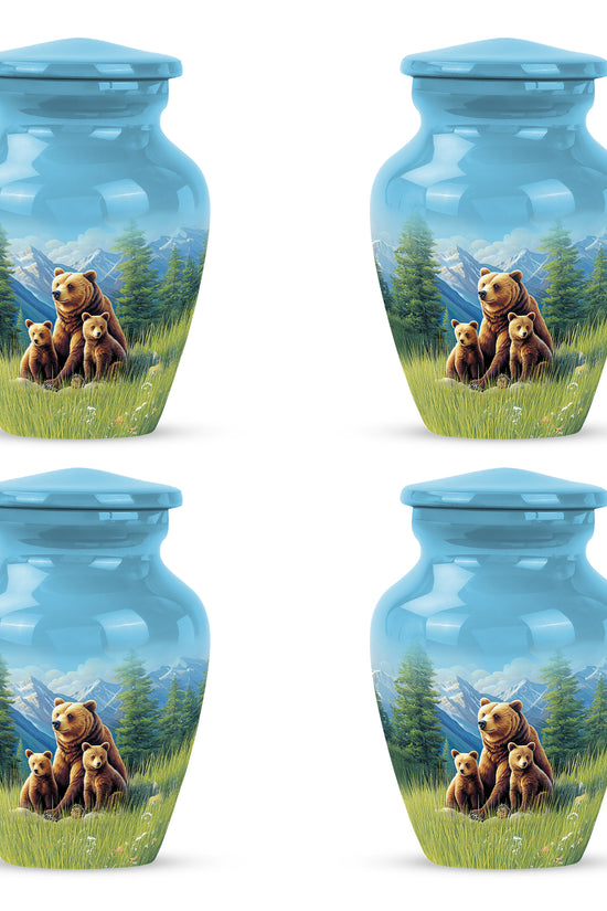 Cobalt Blue Bear Cremation Urn side profile showing urn shape - elegant classic bear relief with fine detailing - 10 inch aluminum urn for cremated remains