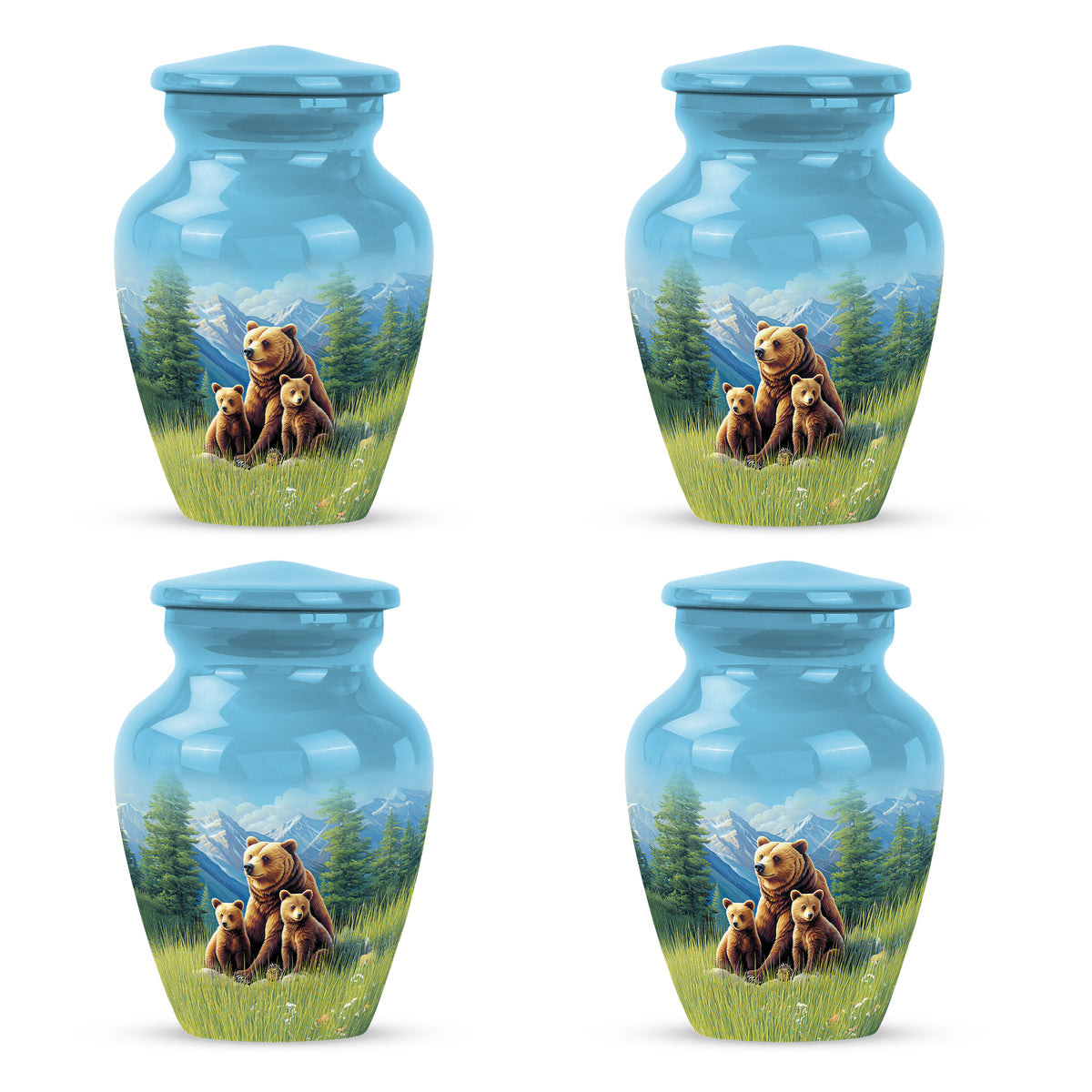Cobalt Blue Bear Cremation Urn side profile showing urn shape - elegant classic bear relief with fine detailing - 10 inch aluminum urn for cremated remains