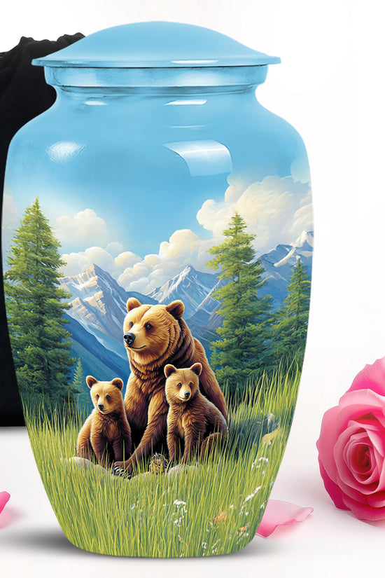Misty Blue Bear Cremation Urn angled view of lid and engraved motif - timeless bear motif etched into premium metal - full-size 10 inch 200 cubic inch adult cremation urn