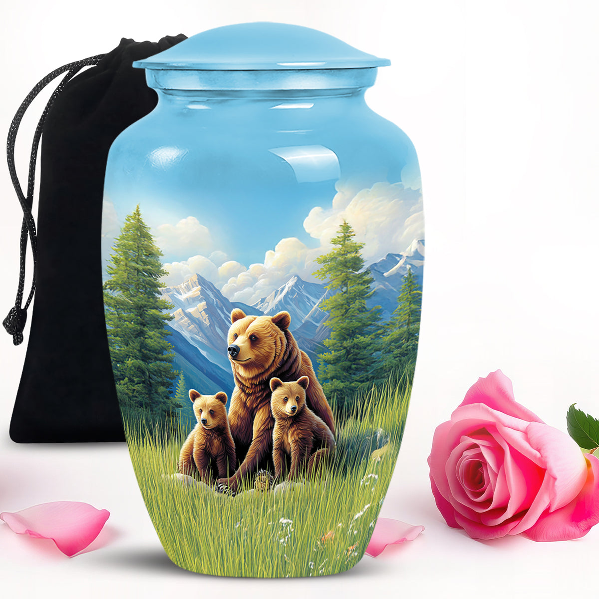 Misty Blue Bear Cremation Urn angled view of lid and engraved motif - timeless bear motif etched into premium metal - full-size 10 inch 200 cubic inch adult cremation urn