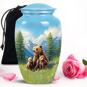 Misty Blue Bear Cremation Urn angled view of lid and engraved motif - timeless bear motif etched into premium metal - full-size 10 inch 200 cubic inch adult cremation urn