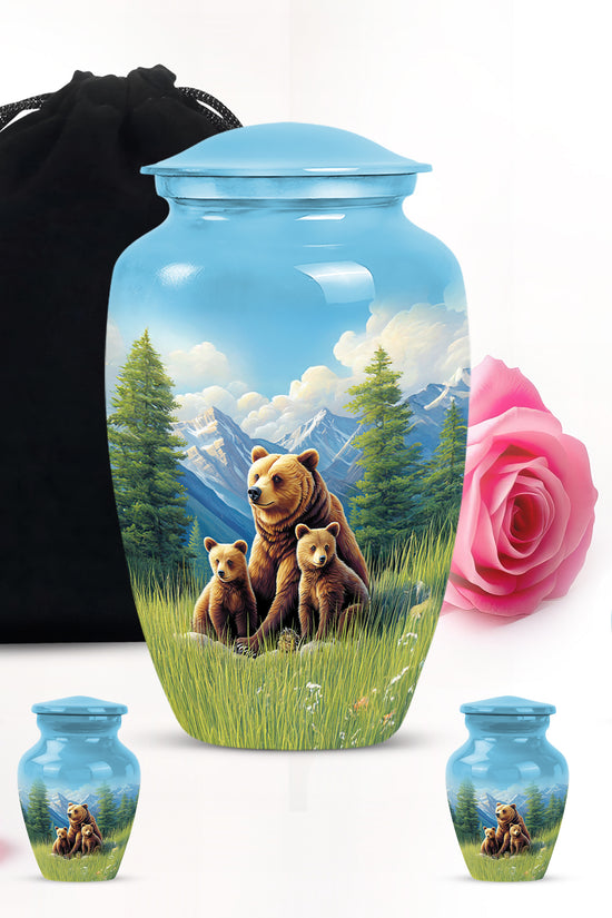 Azure Bear Cremation Urn top-down view of secure threaded lid - timeless bear motif etched into premium metal - memorial set with one large and four small urns