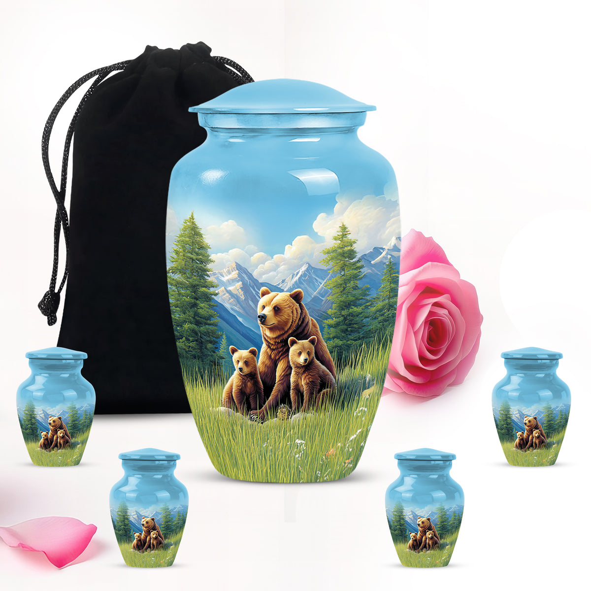 Azure Bear Cremation Urn top-down view of secure threaded lid - timeless bear motif etched into premium metal - memorial set with one large and four small urns