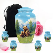 Azure Bear Cremation Urn top-down view of secure threaded lid - timeless bear motif etched into premium metal - memorial set with one large and four small urns