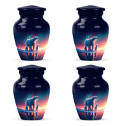 Powder Blue Bear Cremation Urn side profile showing urn shape - classic sculpted bear pattern on smooth aluminum - 10 inch aluminum urn for cremated remains