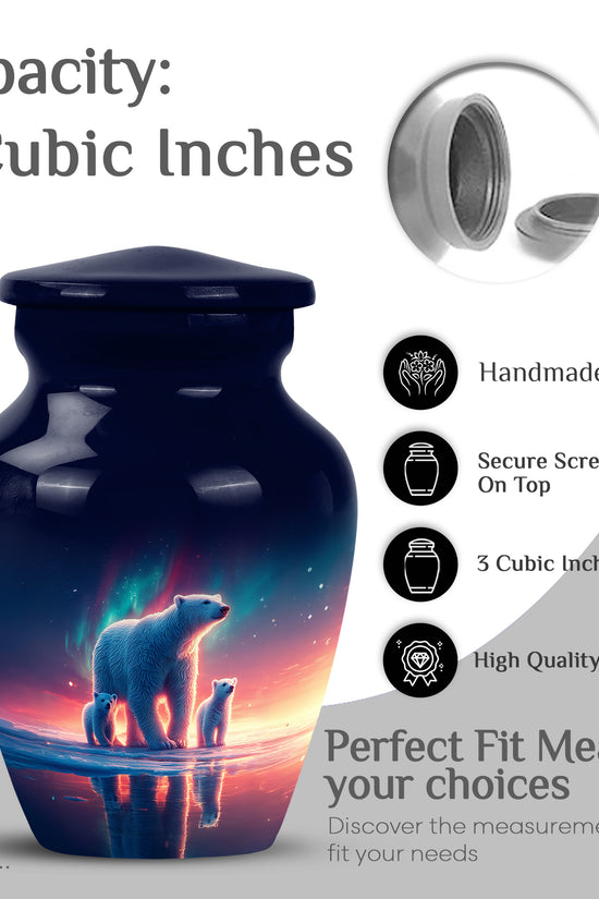 Icy Blue Bear Cremation Urn close-up of engraving and surface detail - classic sculpted bear pattern on smooth aluminum - mini keepsake memorial for portion of cremation ashes