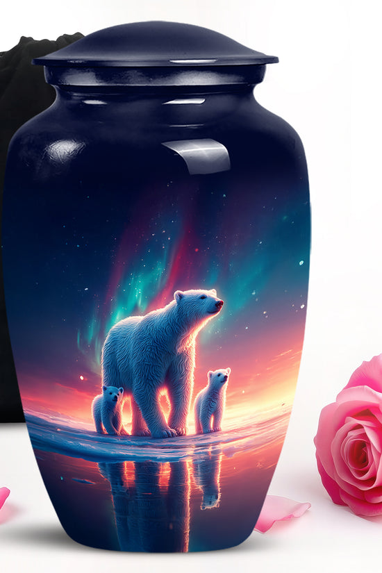 Navy Blue Bear Cremation Urn angled view of lid and engraved motif - classic sculpted bear pattern on smooth aluminum - full-size 10 inch 200 cubic inch adult cremation urn