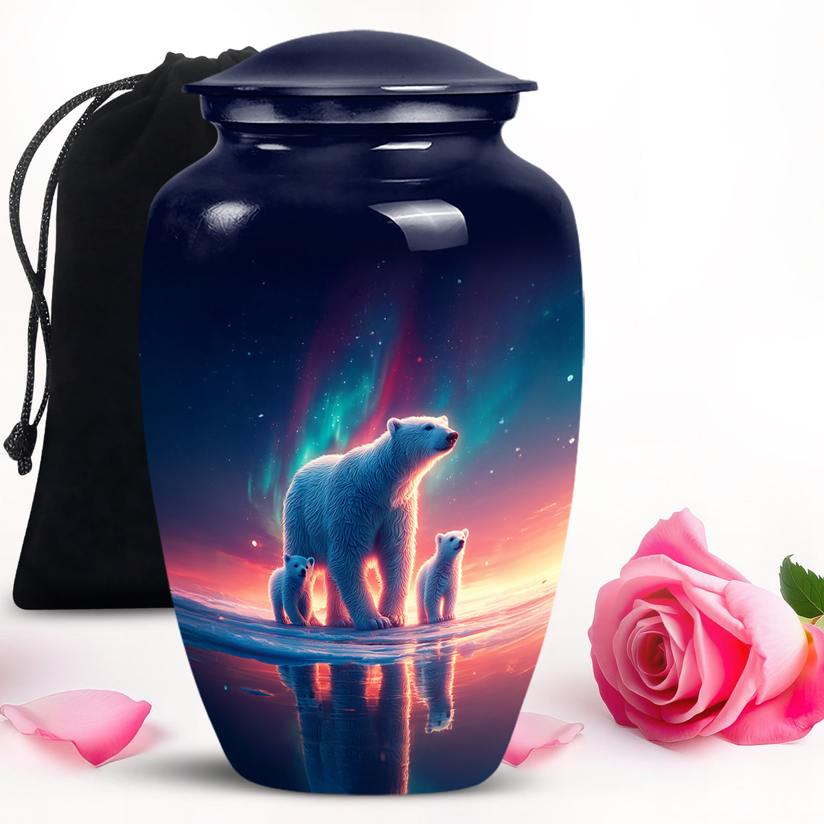 Navy Blue Bear Cremation Urn angled view of lid and engraved motif - classic sculpted bear pattern on smooth aluminum - full-size 10 inch 200 cubic inch adult cremation urn
