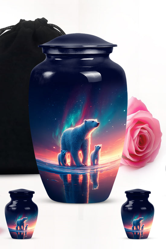 Slate Blue Bear Cremation Urn top-down view of secure threaded lid - classic sculpted bear pattern on smooth aluminum - memorial set with one large and four small urns