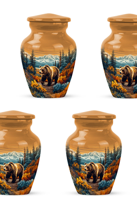 Burnished Gold Bear Cremation Urn side profile showing urn shape - elegant classic bear relief with fine detailing - 10 inch aluminum urn for cremated remains