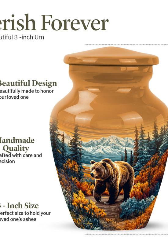 Harvest Gold Bear Cremation Urn close-up of engraving and surface detail - traditional bear engraving with hand-polished finish - mini keepsake memorial for portion of cremation ashes
