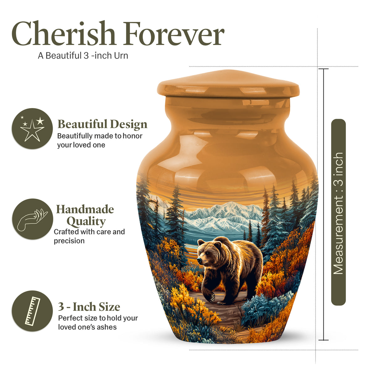 Harvest Gold Bear Cremation Urn close-up of engraving and surface detail - traditional bear engraving with hand-polished finish - mini keepsake memorial for portion of cremation ashes