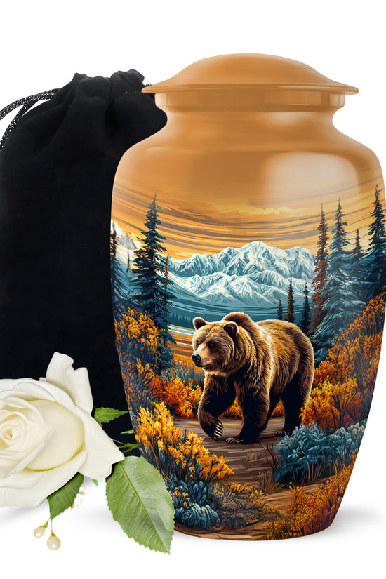 Antique Gold Bear Cremation Urn angled view of lid and engraved motif - classic sculpted bear pattern on smooth aluminum - full-size 10 inch 200 cubic inch adult cremation urn
