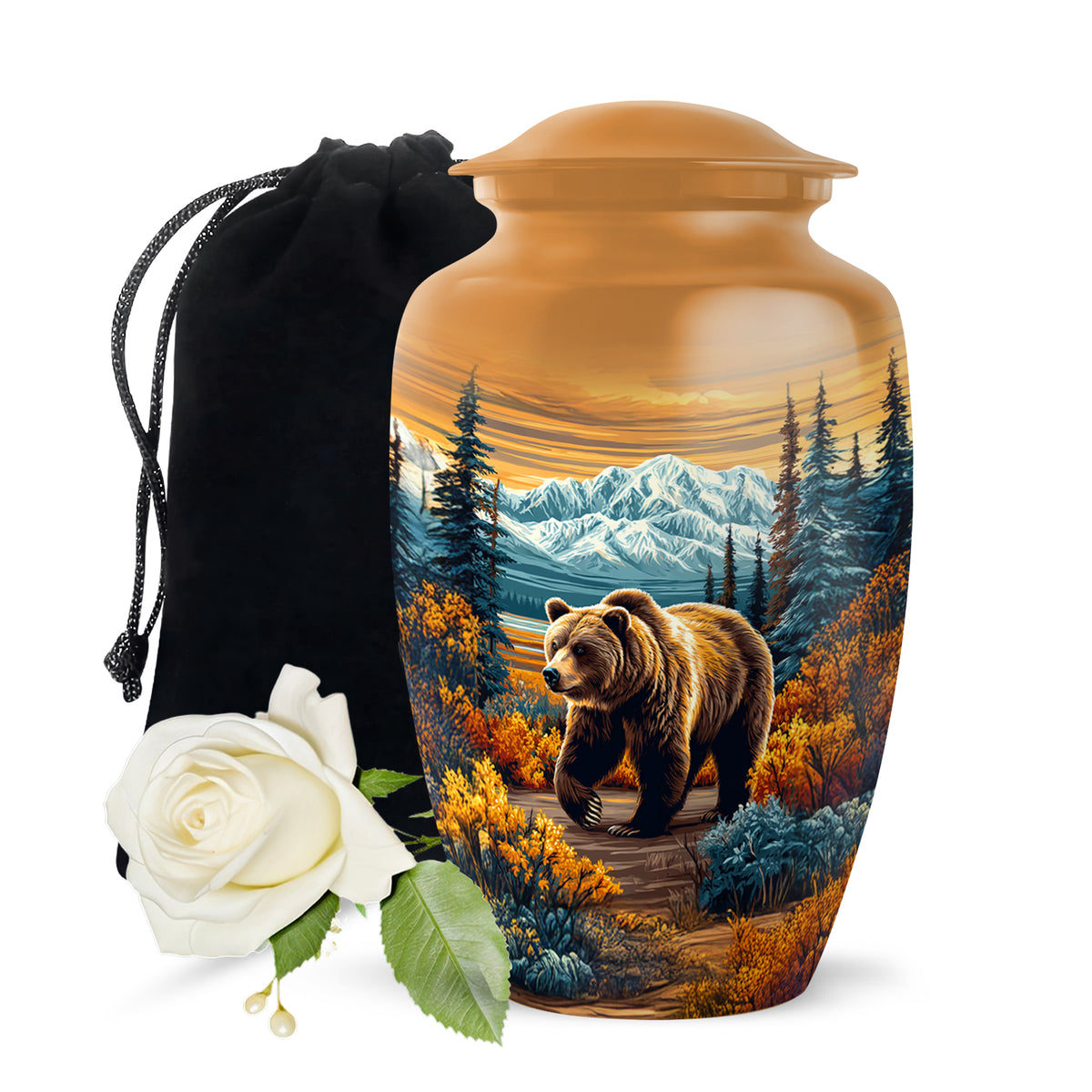 Antique Gold Bear Cremation Urn angled view of lid and engraved motif - classic sculpted bear pattern on smooth aluminum - full-size 10 inch 200 cubic inch adult cremation urn