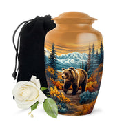 Antique Gold Bear Cremation Urn angled view of lid and engraved motif - classic sculpted bear pattern on smooth aluminum - full-size 10 inch 200 cubic inch adult cremation urn