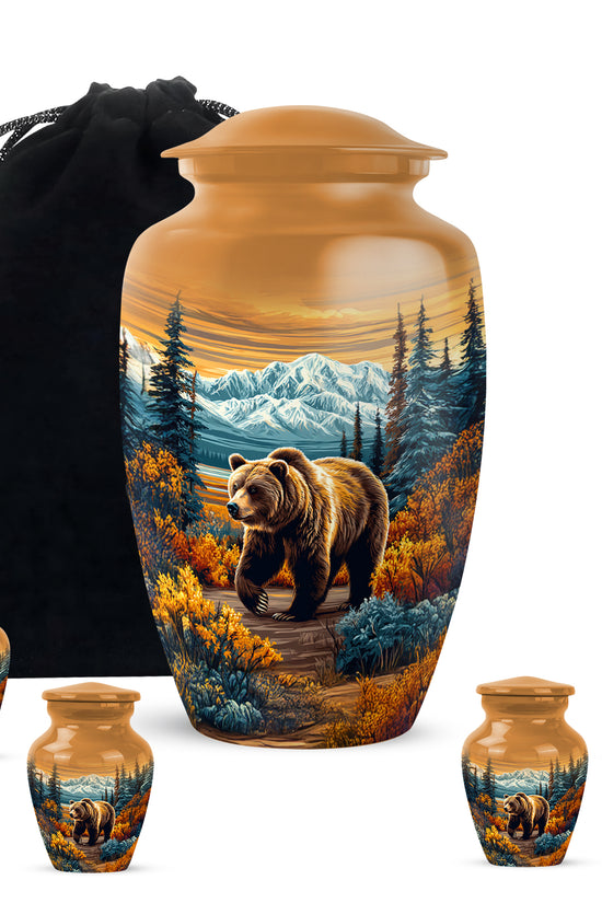 Champagne Gold Bear Cremation Urn top-down view of secure threaded lid - classic sculpted bear pattern on smooth aluminum - memorial set with one large and four small urns