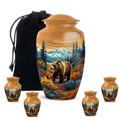 Champagne Gold Bear Cremation Urn top-down view of secure threaded lid - classic sculpted bear pattern on smooth aluminum - memorial set with one large and four small urns