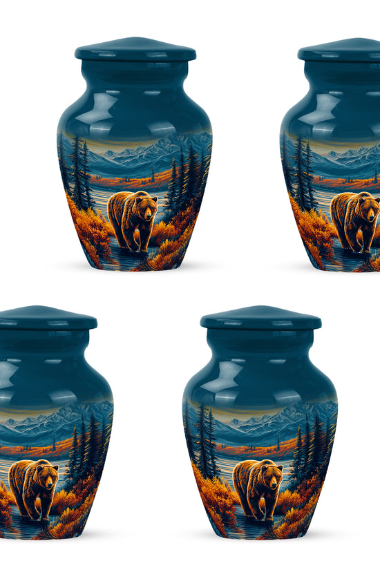 Slate Blue Bear Cremation Urn side profile showing urn shape - classic sculpted bear pattern on smooth aluminum - 10 inch aluminum urn for cremated remains