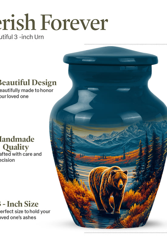 Navy Blue Bear Cremation Urn close-up of engraving and surface detail - classic sculpted bear pattern on smooth aluminum - mini keepsake memorial for portion of cremation ashes