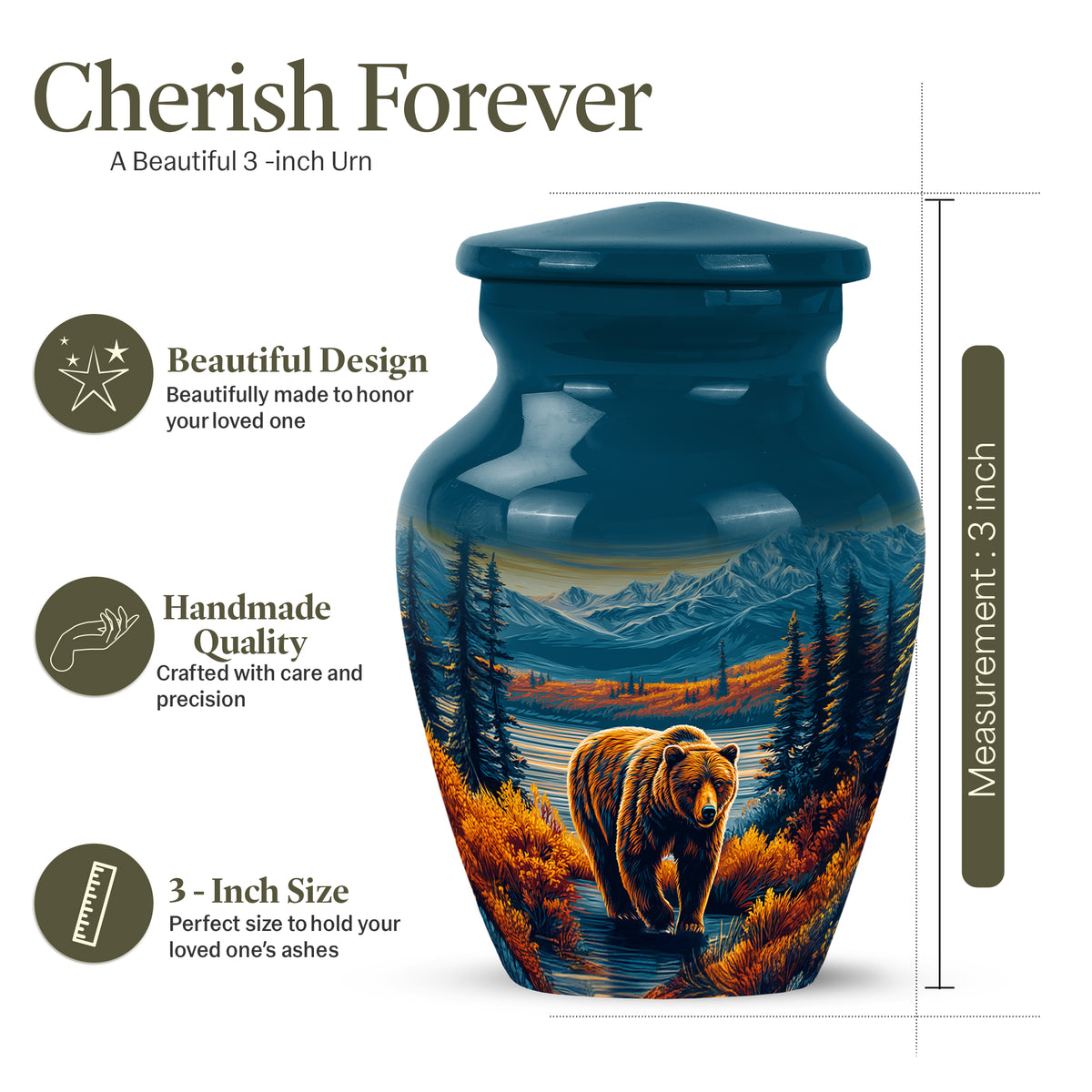 Navy Blue Bear Cremation Urn close-up of engraving and surface detail - classic sculpted bear pattern on smooth aluminum - mini keepsake memorial for portion of cremation ashes