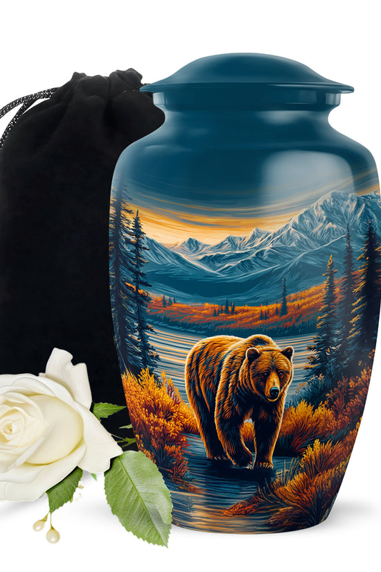 Vivid Blue Bear Cremation Urn angled view of lid and engraved motif - traditional bear engraving with hand-polished finish - full-size 10 inch 200 cubic inch adult cremation urn