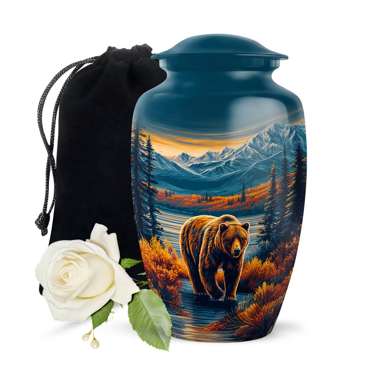 Vivid Blue Bear Cremation Urn angled view of lid and engraved motif - traditional bear engraving with hand-polished finish - full-size 10 inch 200 cubic inch adult cremation urn